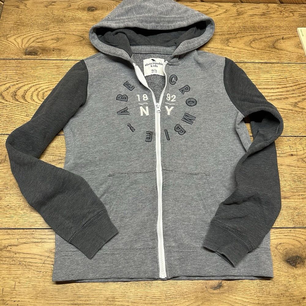 Abercrombie & Fitch Kids Zip Up Hoodie Sweatshirt Gray Embroidery Y2K Teen 15/16
